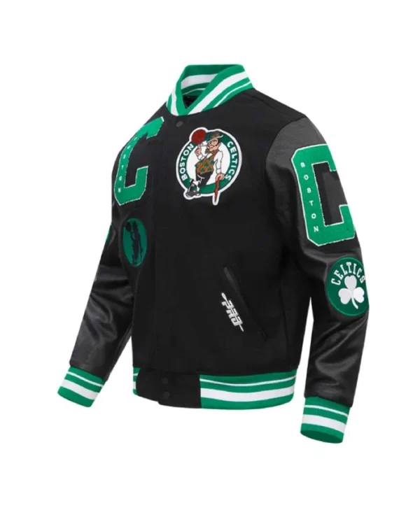 Boston Celtics Mashup Classic Rib Varsity Black WoolLeather Jacket