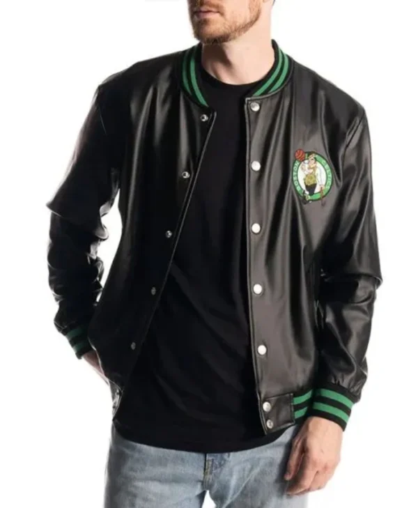 Boston Celtics Metallic Full-Snap Black Leather Jacket