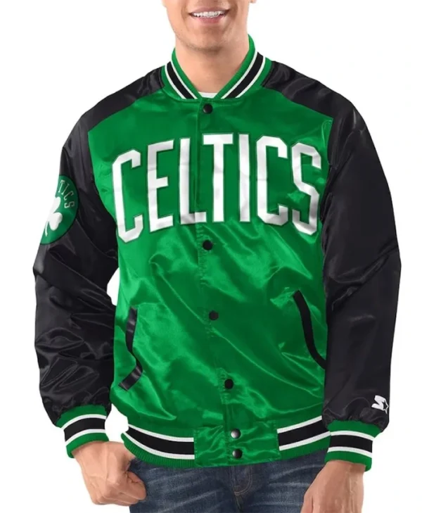 Renegade Boston Caeltics Full-Snap Varsity Satin Kelly Green and Black Jacket