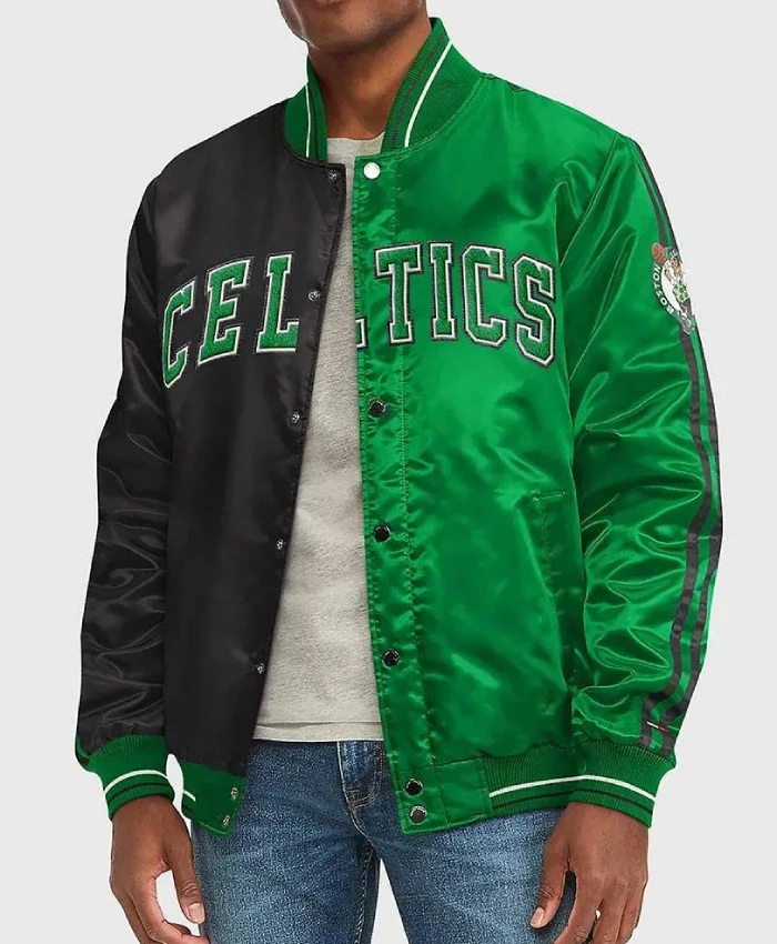 Boston Celtics Green and Black Full-Snap Varsity Satin Jacket