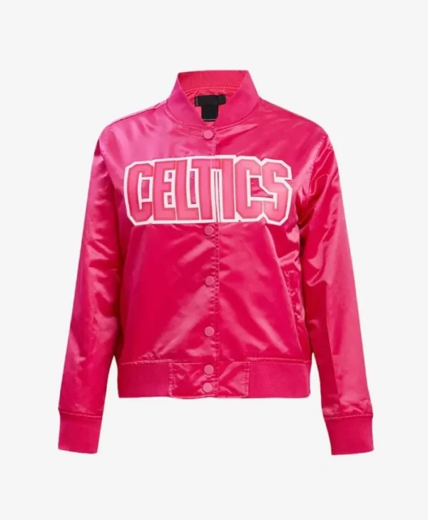 Boston Celtics Triple Full-Snap Satin Pink Varsity Jacket