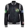 Vegan Teddy Boston Celtics Full-Snap Varsity Leather Black Jacket