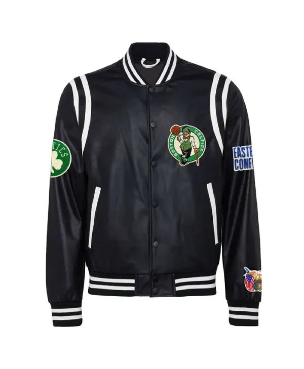 Vegan Teddy Boston Celtics Full-Snap Varsity Leather Black Jacket