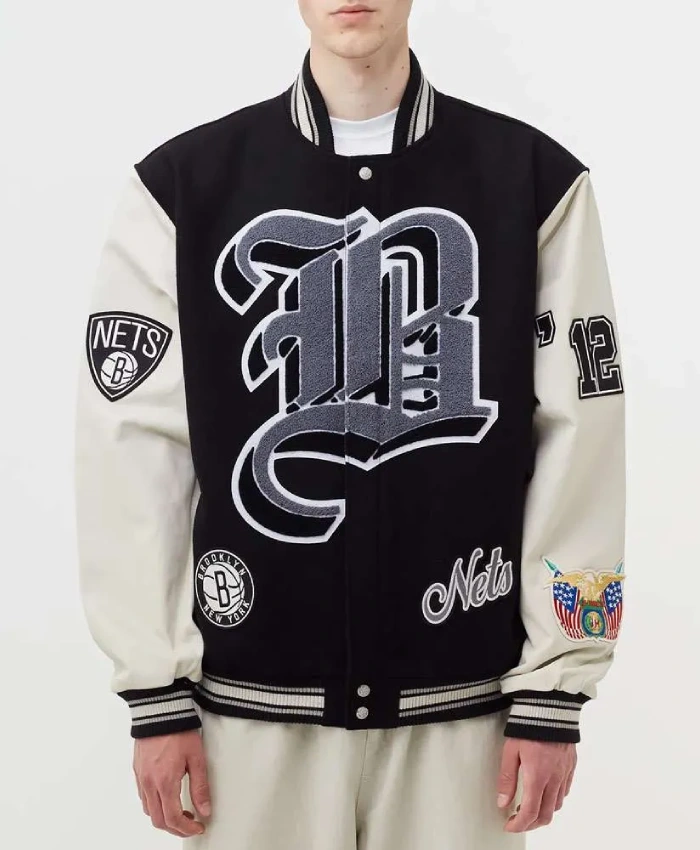 12 Brooklyn Nets Black and White WoolLeather Jacket
