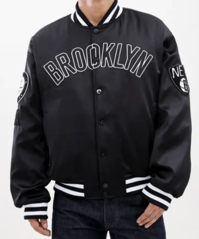 Shop Brooklyn Nets Full-Snap Satin Black Bomber Jacket