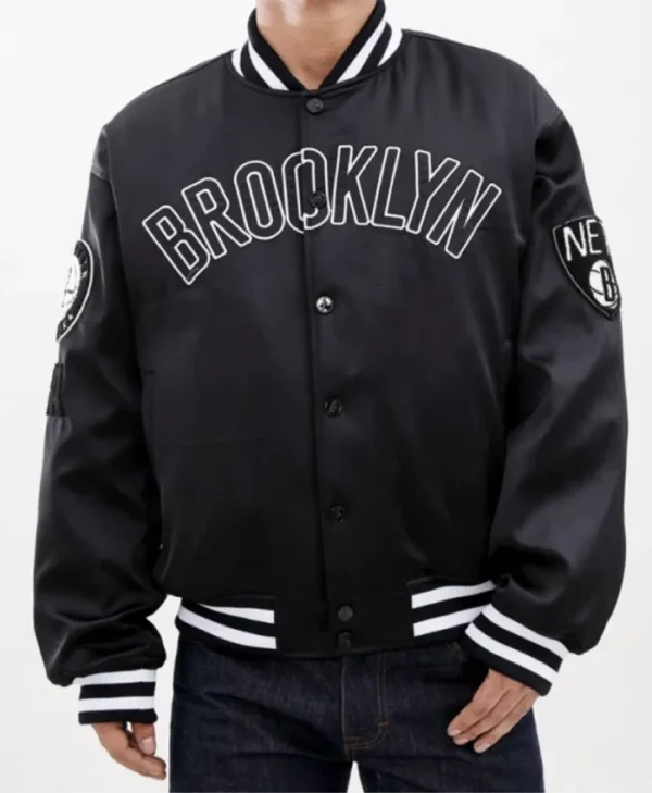 Shop Brooklyn Nets Full-Snap Satin Black Bomber Jacket