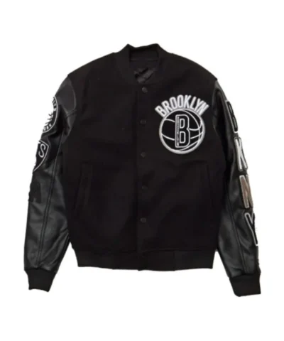 Brooklyn Nets Black Letterman Woola and Leather Varsity Jacket