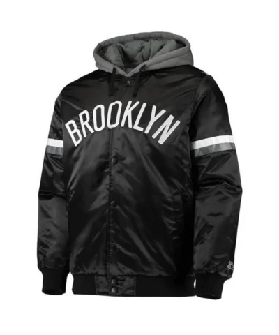 Shop Brooklyn Nets Full-Snap Satin Black Jacket with Gray Hood