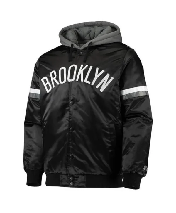 Shop Brooklyn Nets Full-Snap Satin Black Jacket with Gray Hood