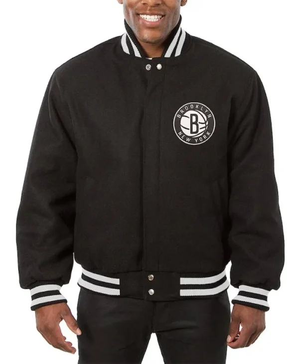 Brooklyn Nets Black Full-Snap Varsity Wool Jacket