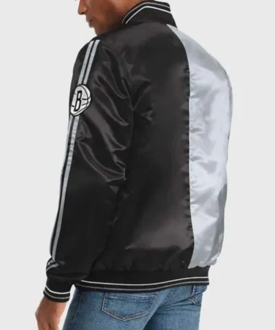 Brooklyn Nets Striped Black and Gray Varsity Satin Jacket