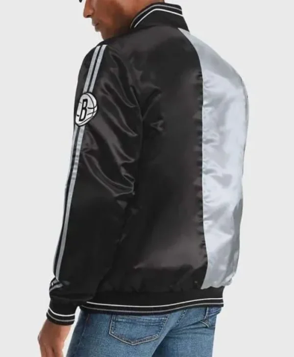 Brooklyn Nets Striped Black and Gray Varsity Satin Jacket