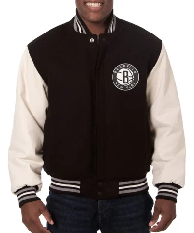 Brooklyn Nets Black and White Full-Snap WoolLeather Jacket