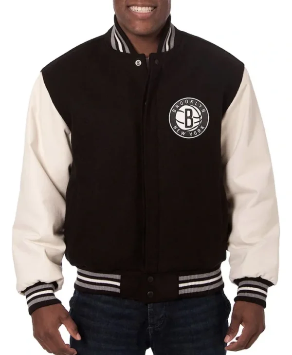 Brooklyn Nets Black and White Full-Snap WoolLeather Jacket