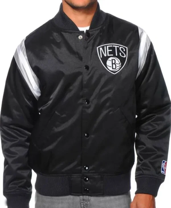 Brooklyn Nets Division Bomber Black Full-Snap Satin Jacket