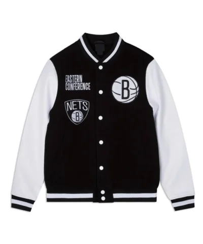 Shop Eastern Conference Brooklyn Nets Varsity Jacket Black and White Varsity Jacket