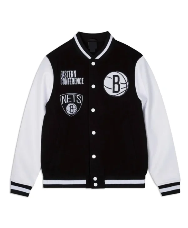 Shop Eastern Conference Brooklyn Nets Varsity Jacket Black and White Varsity Jacket