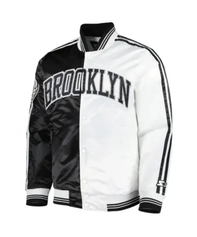 Shop Brooklyn NetsBrooklyn Nets Fast Break Full-Snap Satin Black and White Jacket Fast Break Full-Snap Satin Black and White Jacket