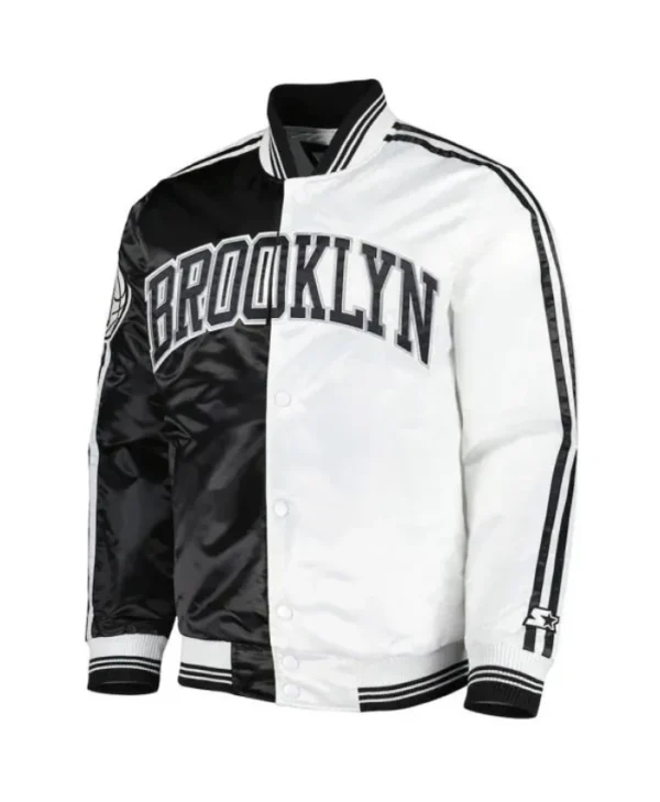 Shop Brooklyn NetsBrooklyn Nets Fast Break Full-Snap Satin Black and White Jacket Fast Break Full-Snap Satin Black and White Jacket