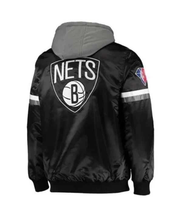Brooklyn Nets Black Satin Jacket with Gray Hood