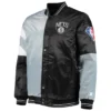 Shop 75th Anniversary Leader Brooklyn Nets Color Block Gray and Black Satin Jacket