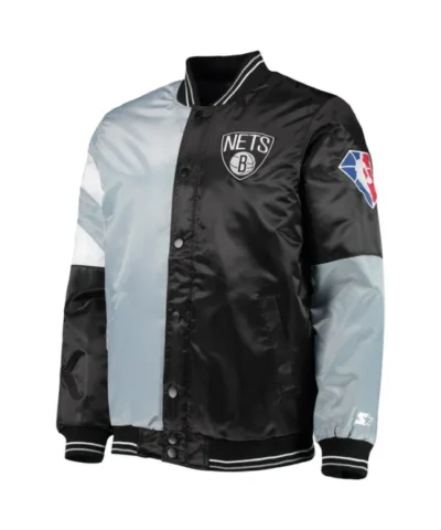 Shop 75th Anniversary Leader Brooklyn Nets Color Block Gray and Black Satin Jacket
