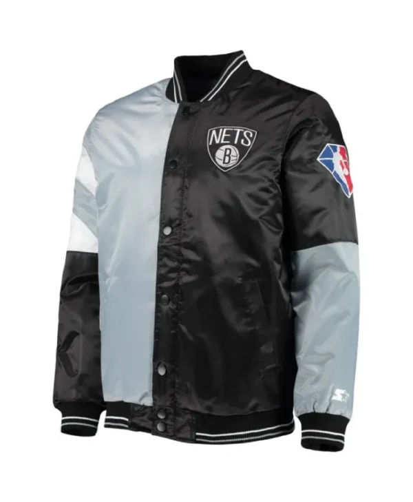 Shop 75th Anniversary Leader Brooklyn Nets Color Block Gray and Black Satin Jacket