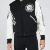 Shop Brooklyn Nets Logo Patches Varsity WoolLeather Black and White Jacket