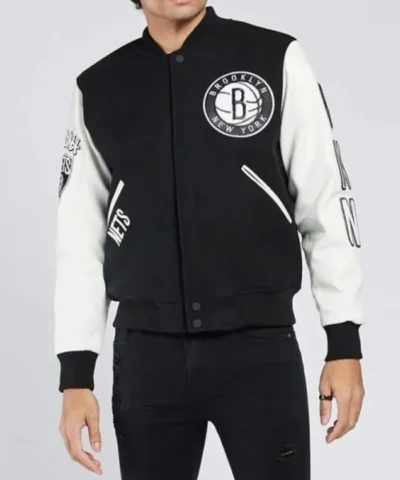 Shop Brooklyn Nets Logo Patches Varsity WoolLeather Black and White Jacket