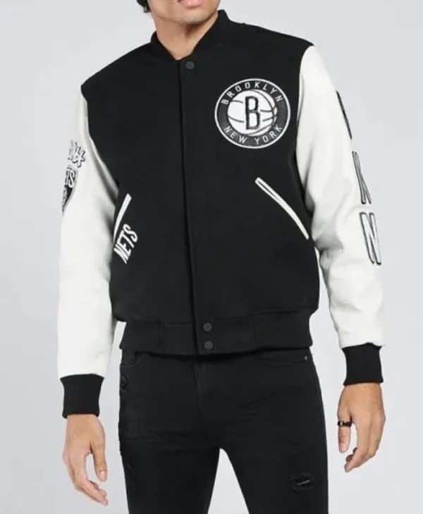 Shop Brooklyn Nets Logo Patches Varsity WoolLeather Black and White Jacket