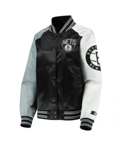 Brooklyn Nets Reliever Raglan Full-Snap Satin Varsity Jacket