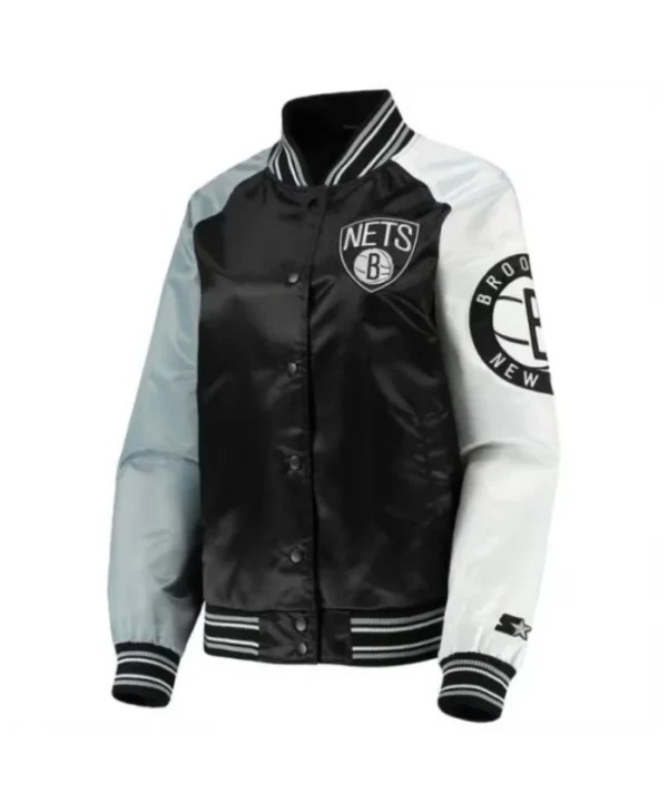 Brooklyn Nets Reliever Raglan Full-Snap Satin Varsity Jacket