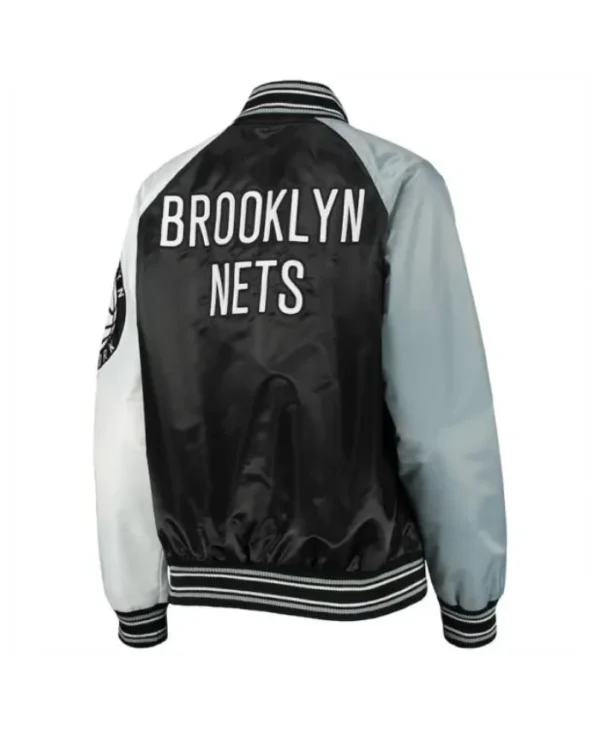 Brooklyn Nets Reliever BlackGray Satin Varsity Jacket