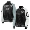 Brooklyn Nets Reliever Raglan Full-Snap Satin BlackGray Varsity Jacket