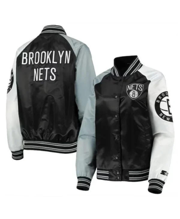 Brooklyn Nets Reliever Raglan Full-Snap Satin BlackGray Varsity Jacket