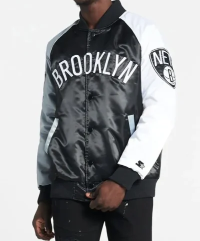 Brooklyn Nets Remix Color-Block Satin Full-Snap Varsity Jacket