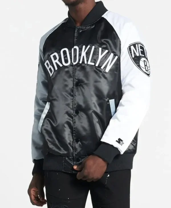 Brooklyn Nets Remix Color-Block Satin Full-Snap Varsity Jacket