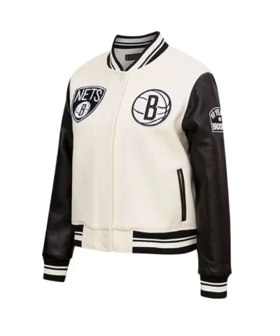 Shop Brooklyn Nets Retro Classic Varsity Full-Zip CreamBlack WoolLeather Jacket