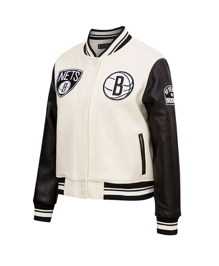 Shop Brooklyn Nets Retro Classic Varsity Full-Zip CreamBlack WoolLeather Jacket