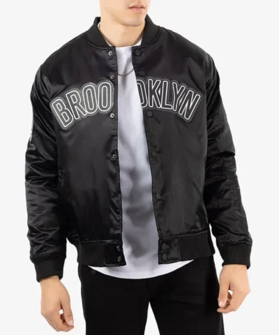 Pro Brooklyn Nets Full-Snap Bomber Satin Black Jacket