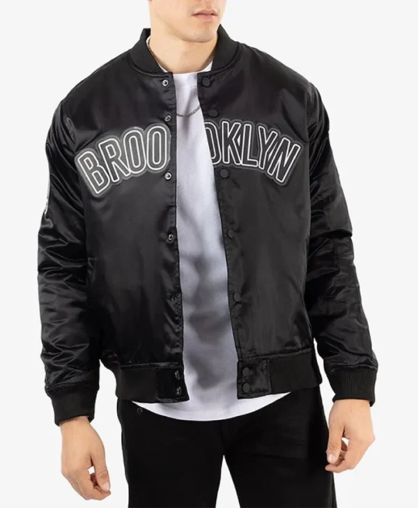 Pro Brooklyn Nets Full-Snap Bomber Satin Black Jacket