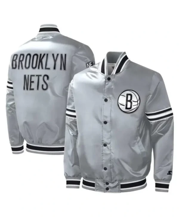 Brooklyn Nets Slider Varsity Full-Snap Satin Gray Jacket