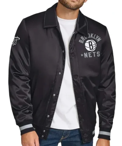 Black Brooklyn Nets Stitch Applique Varsity Full-Snap Satin Jacket
