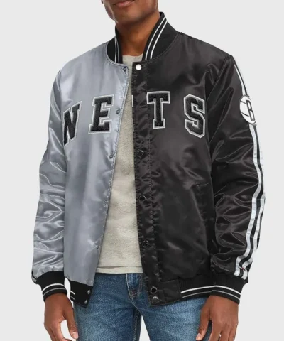 Brooklyn Nets Black and Gray Varsity Striped Satin Full-Snap Jacket