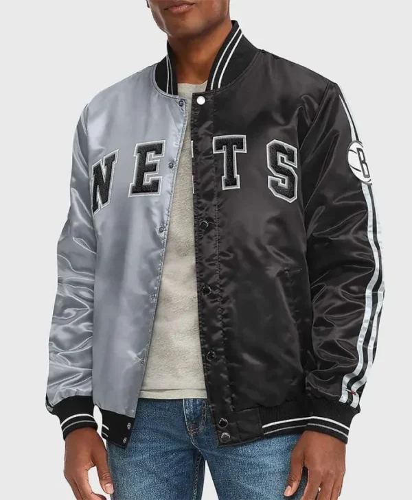 Brooklyn Nets Black and Gray Varsity Striped Satin Full-Snap Jacket