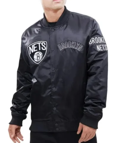 buy Brooklyn Nets Team Logo Full-Snap Black Satin Jacket