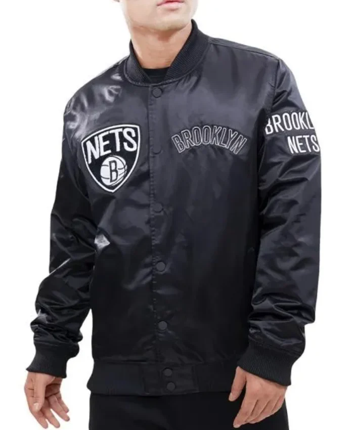 buy Brooklyn Nets Team Logo Full-Snap Black Satin Jacket