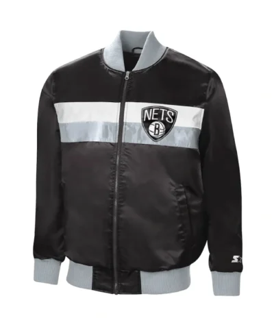 Shop Brooklyn Nets The Ambassador Full-Zip Satin BlackSilver Jacket