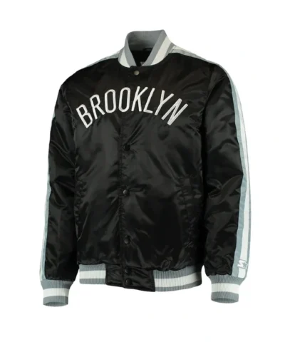 Shop Brooklyn Nets The Offensive Varsity Full-Snap Satin Black Jacket