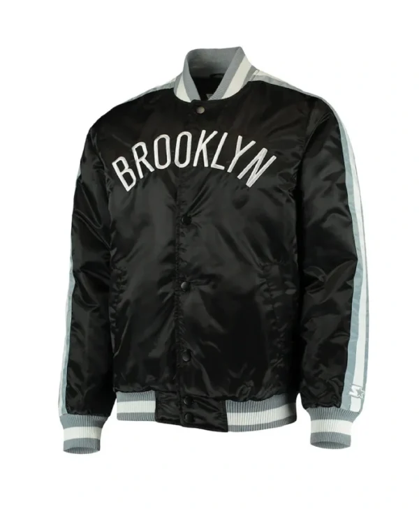 Shop Brooklyn Nets The Offensive Varsity Full-Snap Satin Black Jacket
